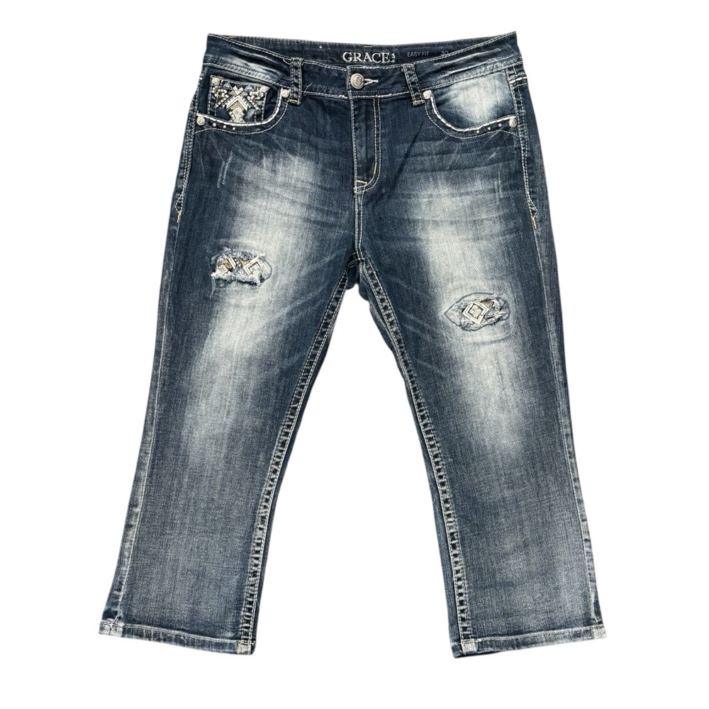 Grace in LA Easy Fit Embellished  Distressed Capris 30